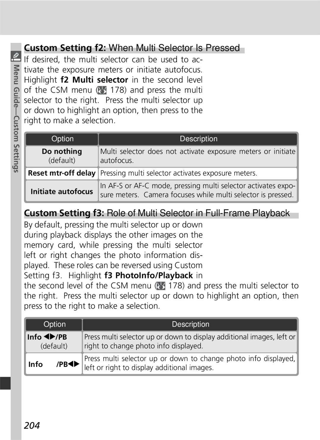 Nikon 25215 manual Custom Setting f2 When Multi Selector Is Pressed, 204, Autofocus, Info/PB 