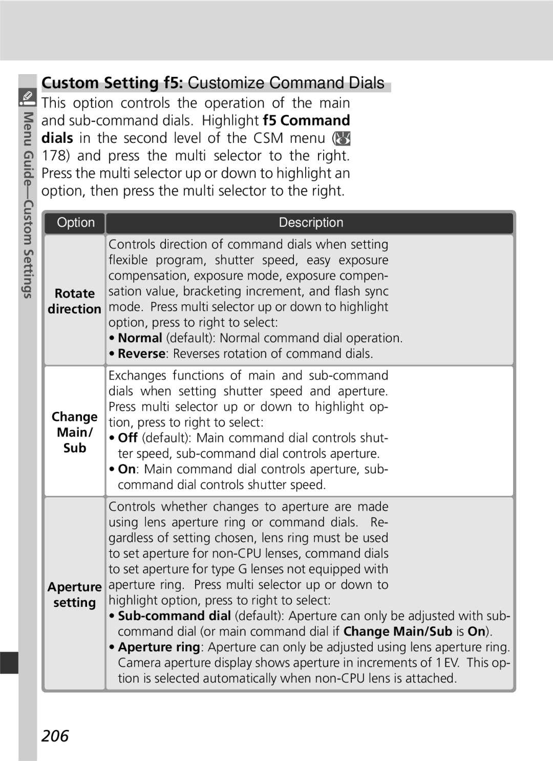 Nikon 25215 manual Custom Setting f5 Customize Command Dials, 206, Main, Command dial controls shutter speed 