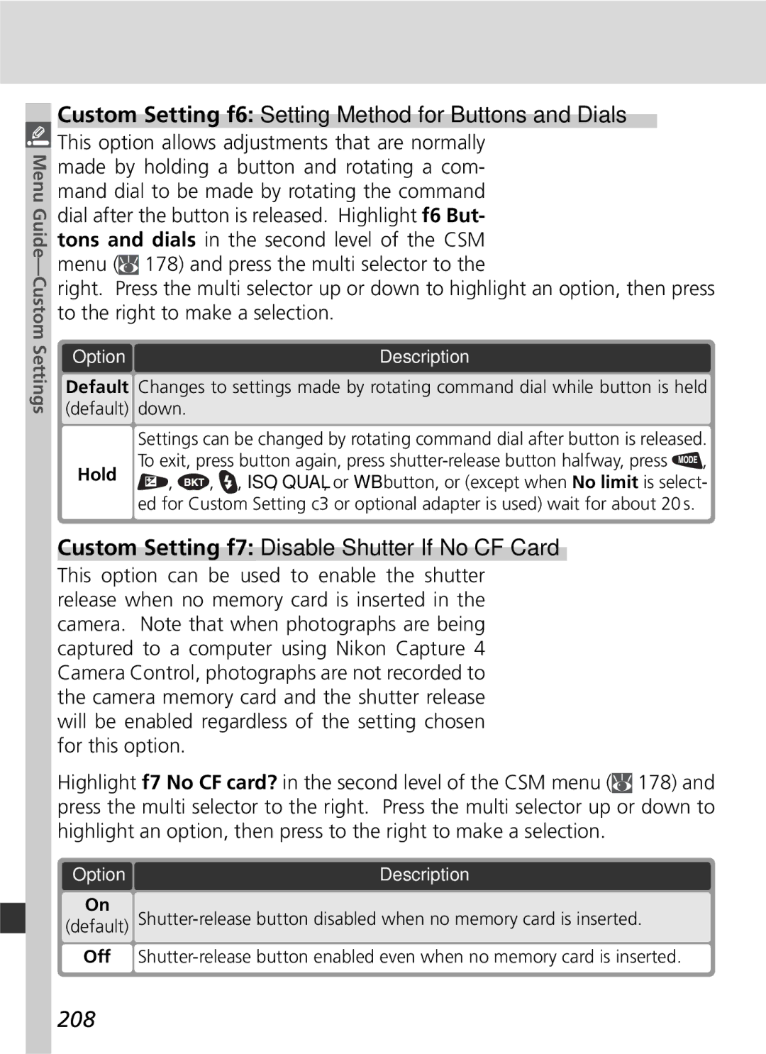 Nikon 25215 Custom Setting f6 Setting Method for Buttons and Dials, Custom Setting f7 Disable Shutter If No CF Card, 208 