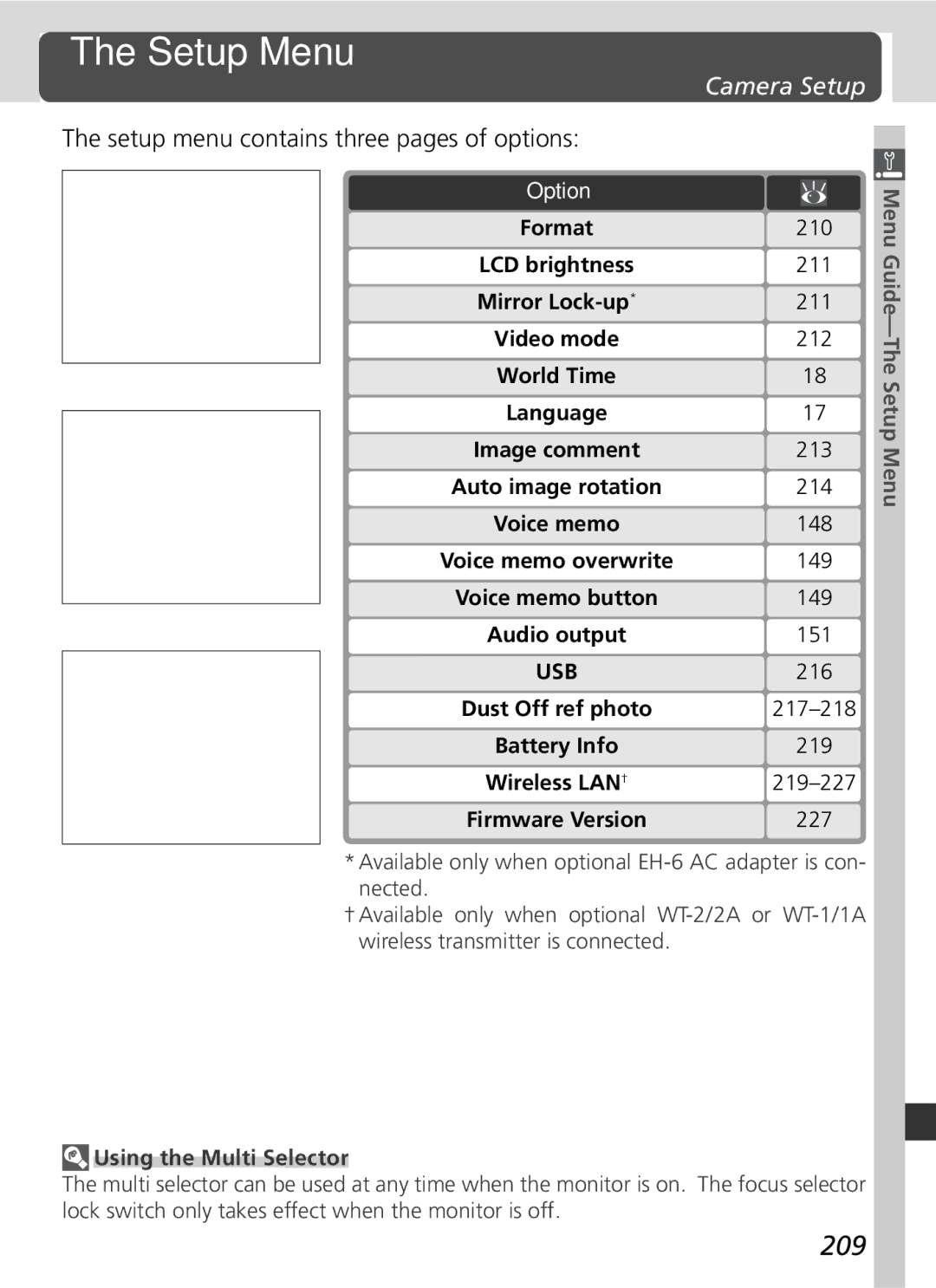 Nikon 25215 Setup Menu, 209, Camera Setup, Setup menu contains three pages of options, 149 151 216 217-218 219 219-227 