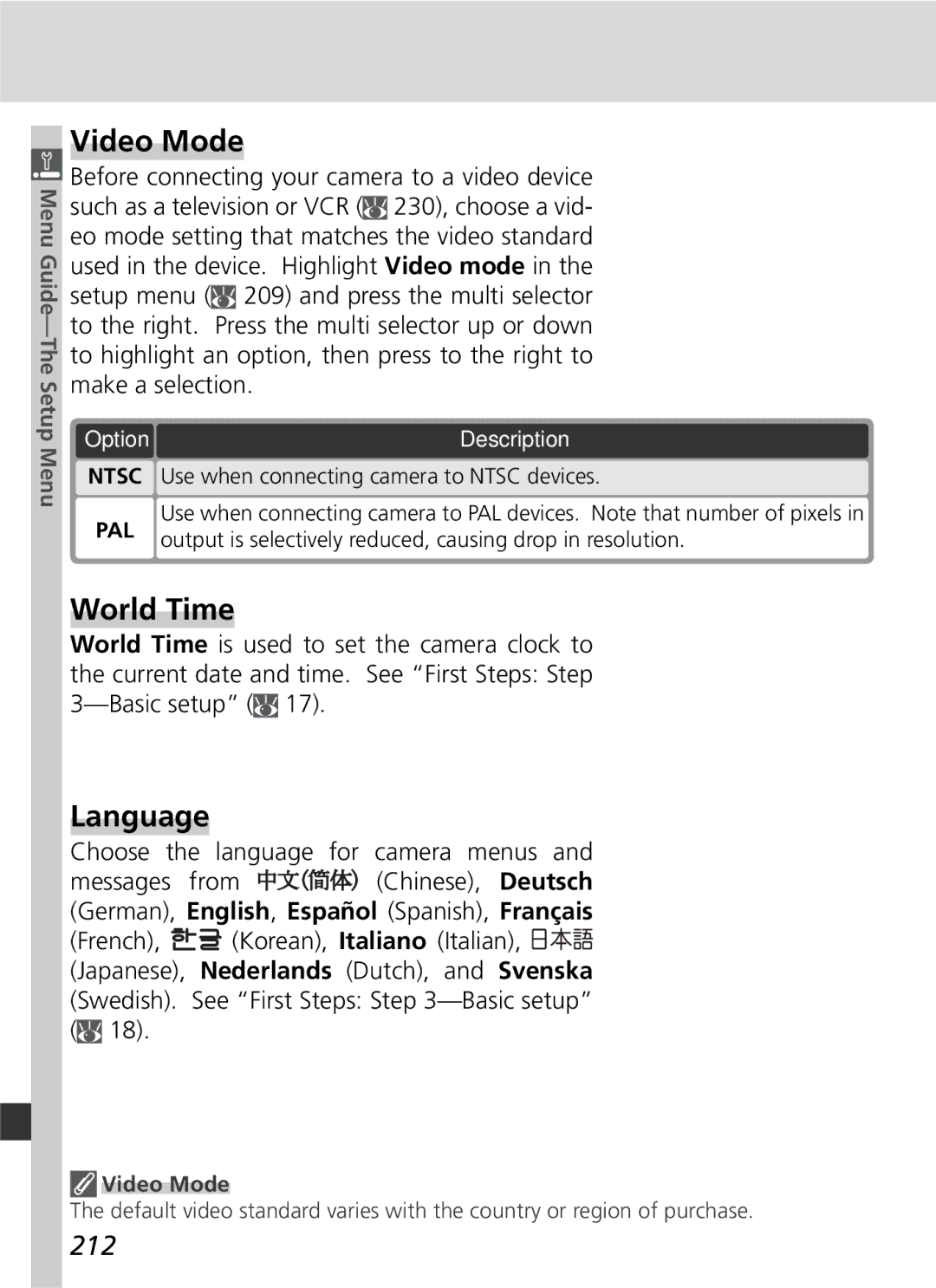 Nikon 25215 manual Video Mode, World Time, Language, 212, Choose the language for camera menus 