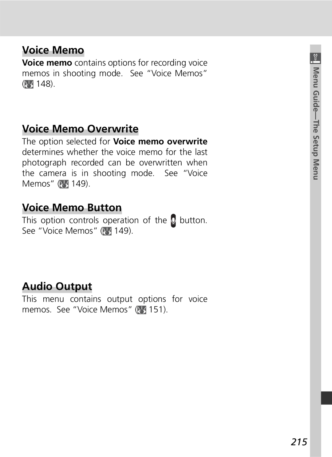 Nikon 25215 manual Voice Memo Overwrite, Voice Memo Button, Audio Output 