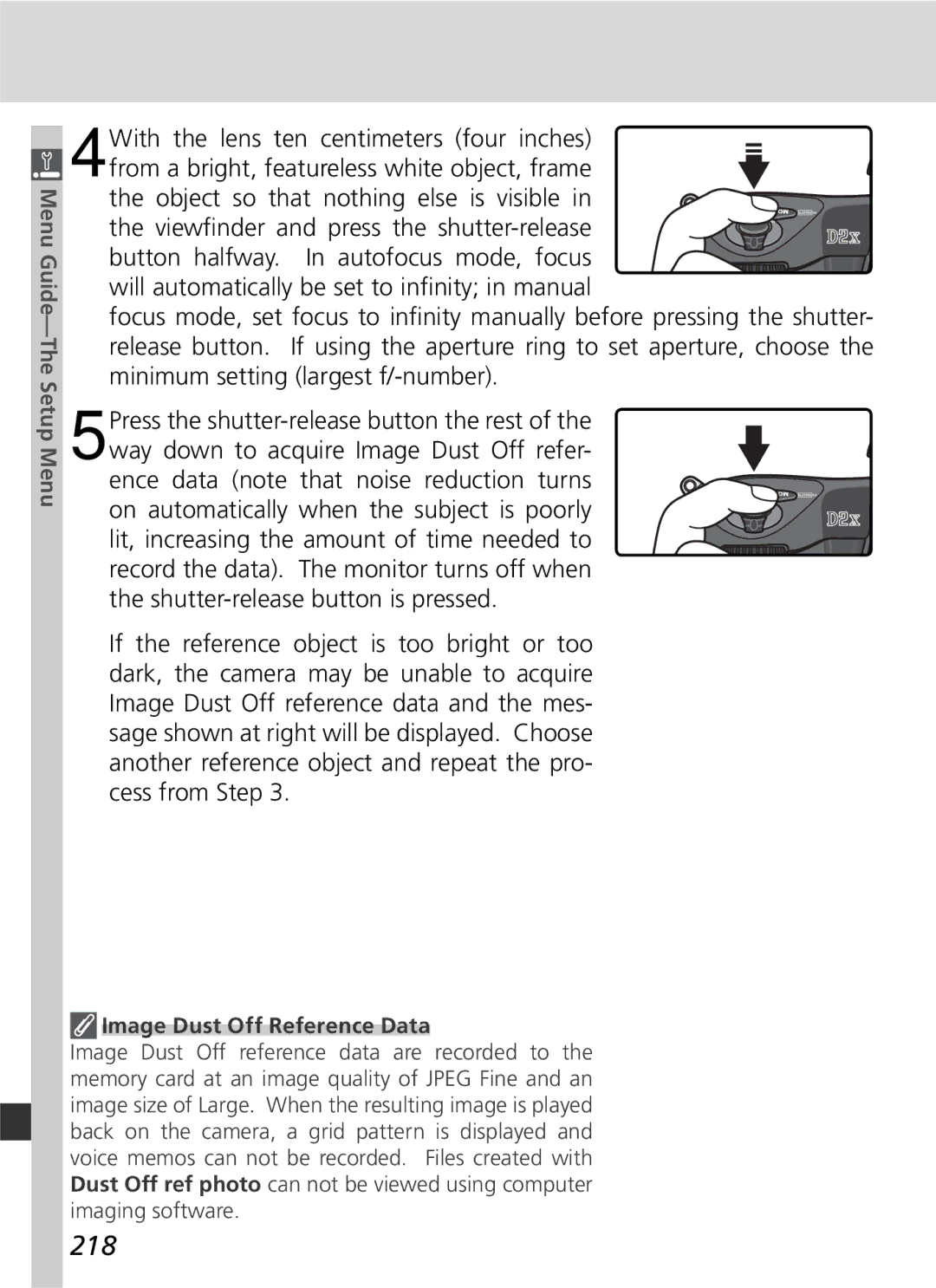 Nikon 25215 manual 218, With the lens ten centimeters four inches, Image Dust Off Reference Data 