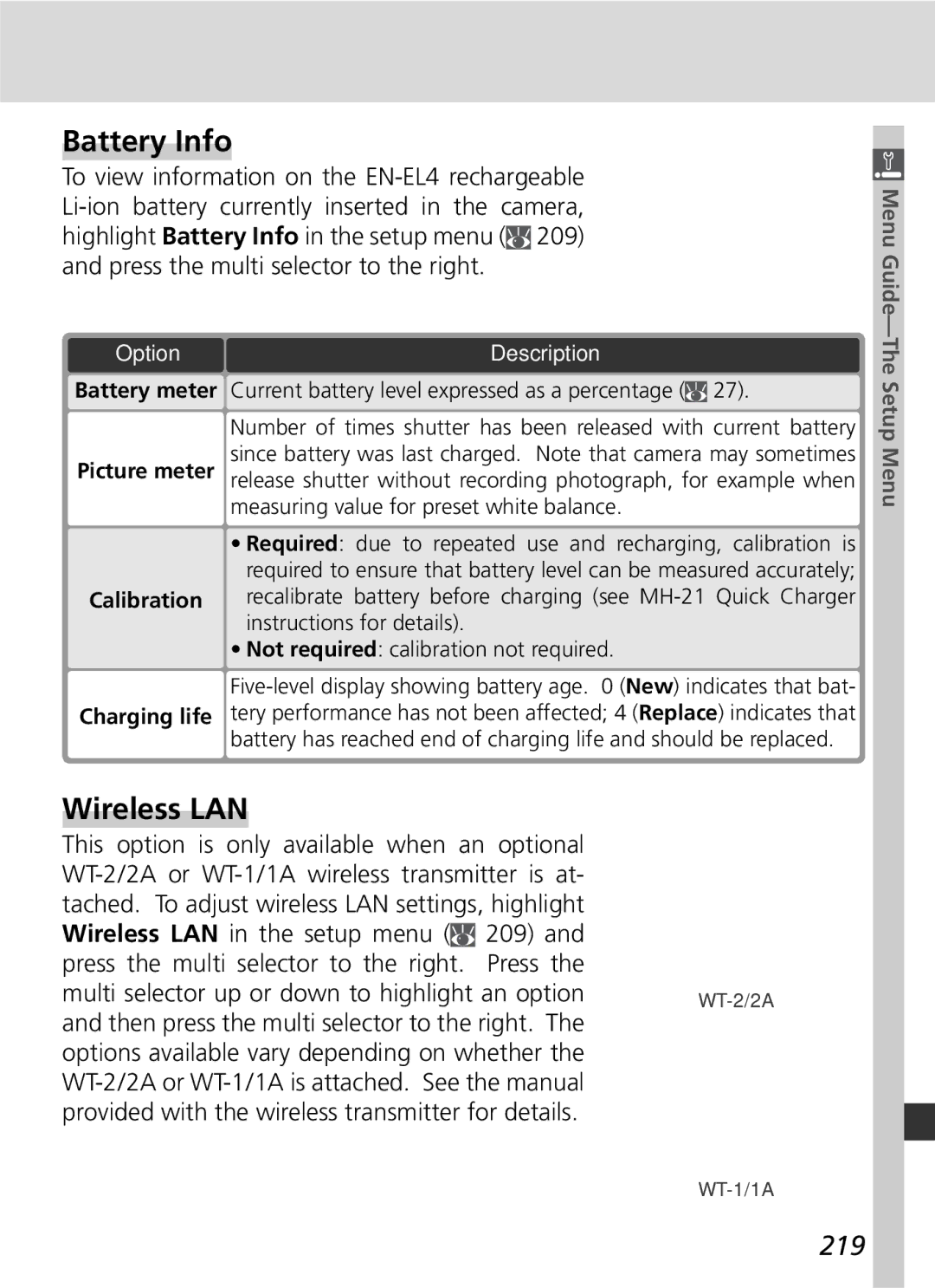 Nikon 25215 manual Battery Info, Wireless LAN, 219, Calibration Charging life 