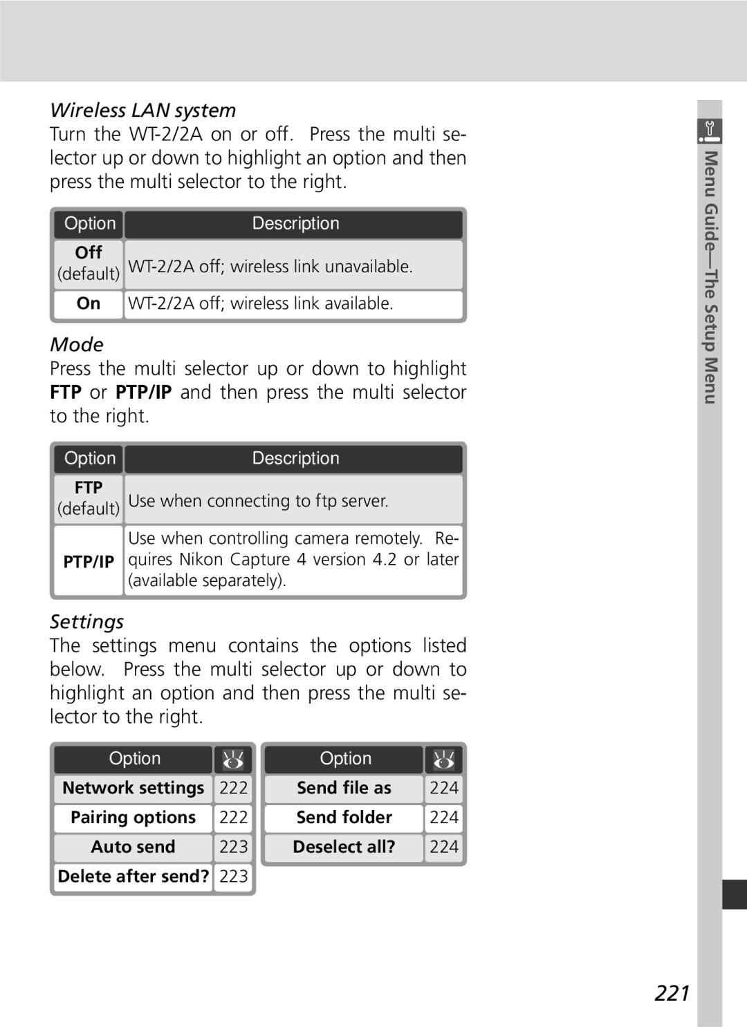 Nikon 25215 manual 221, Wireless LAN system, Mode, Settings 