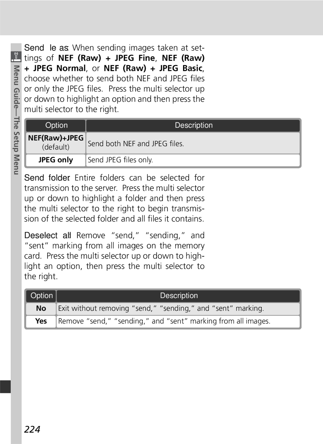 Nikon 25215 manual 224, Send both NEF and Jpeg ﬁles 