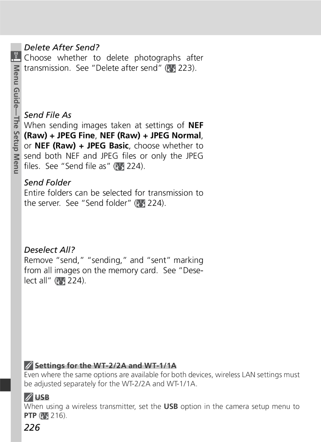 Nikon 25215 manual 226, Delete After Send?, Send File As, Send Folder, Deselect All? 