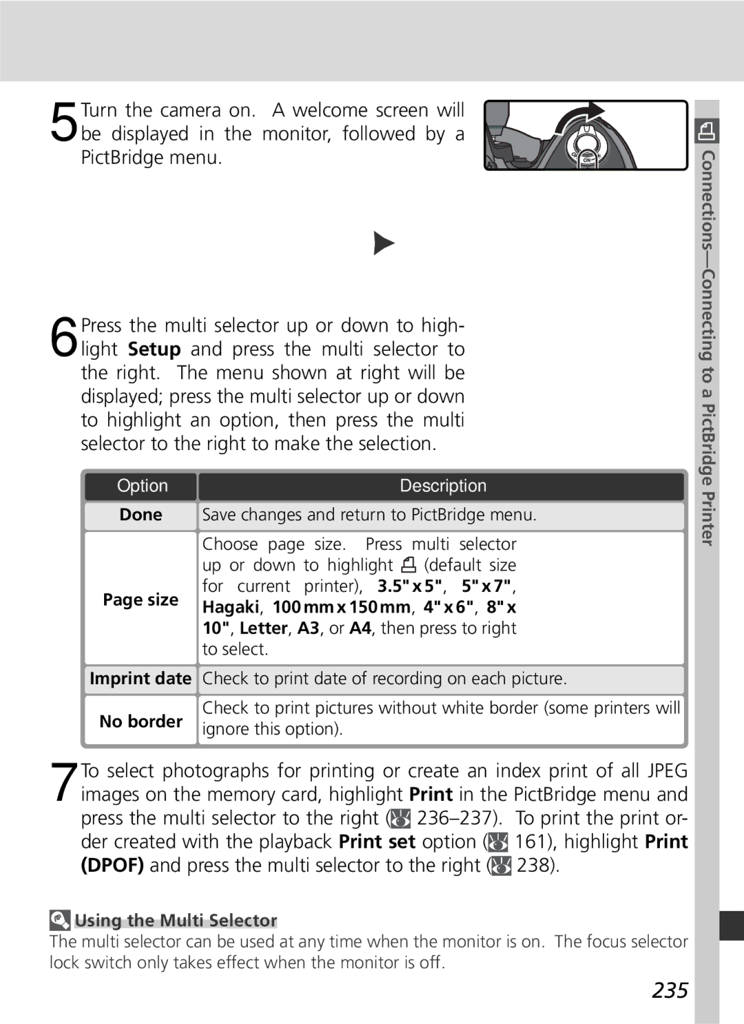 Nikon 25215 manual 235, Done, Choose page size. Press multi selector, Size, To select 