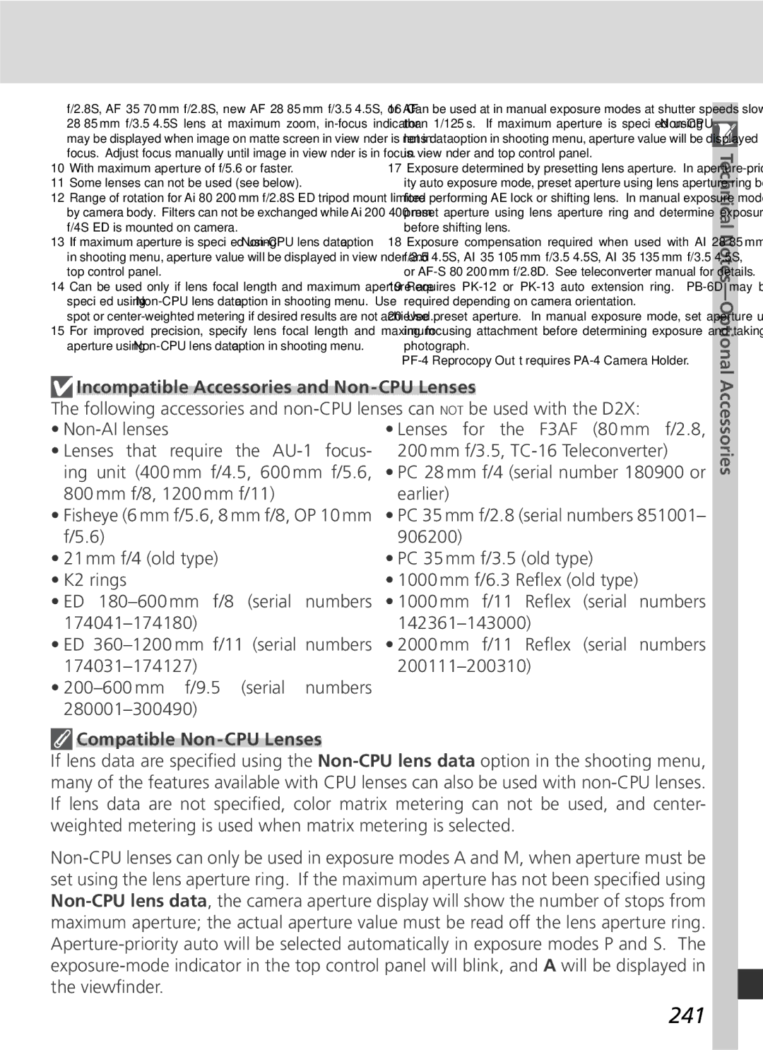 Nikon 25215 manual 241, Incompatible Accessories and Non-CPU Lenses, Compatible Non-CPU Lenses 