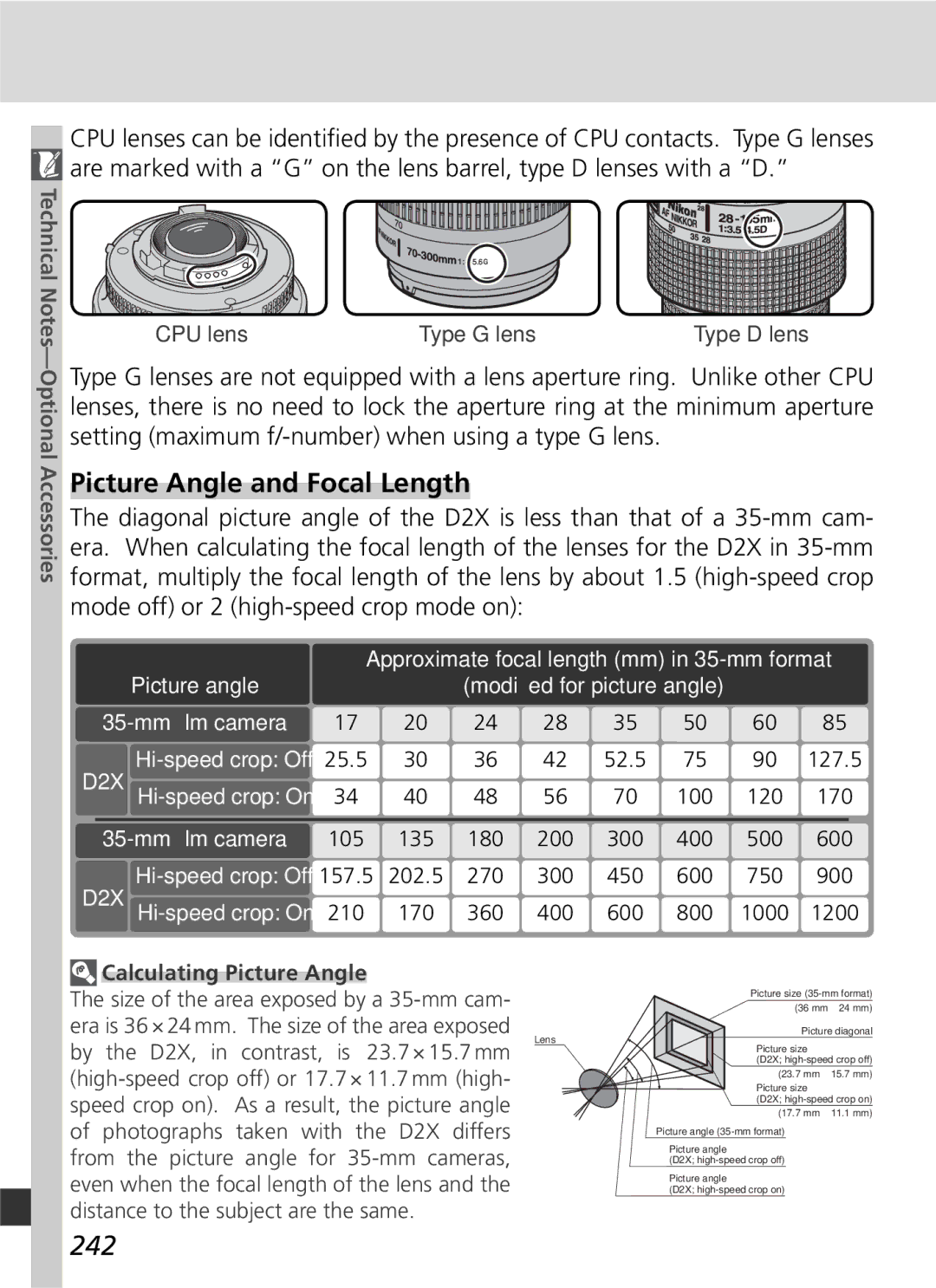 Nikon 25215 manual Picture Angle and Focal Length, 242, Calculating Picture Angle 