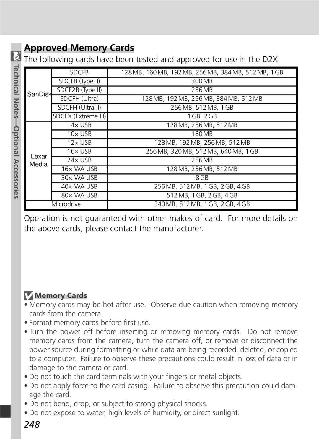 Nikon 25215 manual Approved Memory Cards, 248 