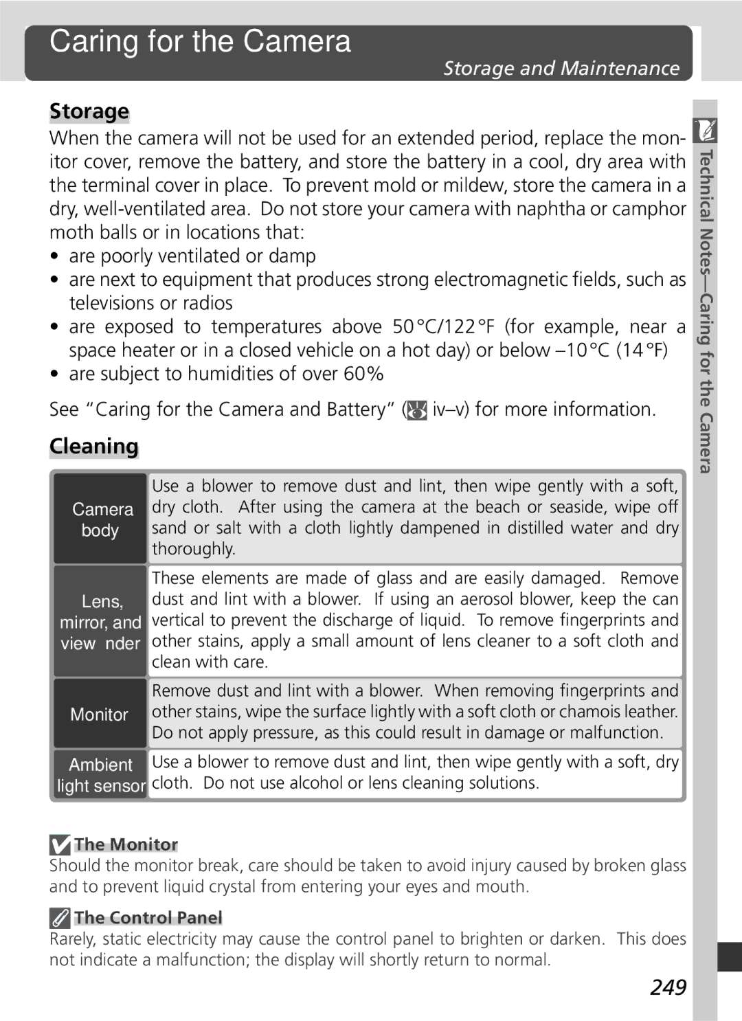 Nikon 25215 manual Caring for the Camera, Cleaning, 249, Storage and Maintenance 