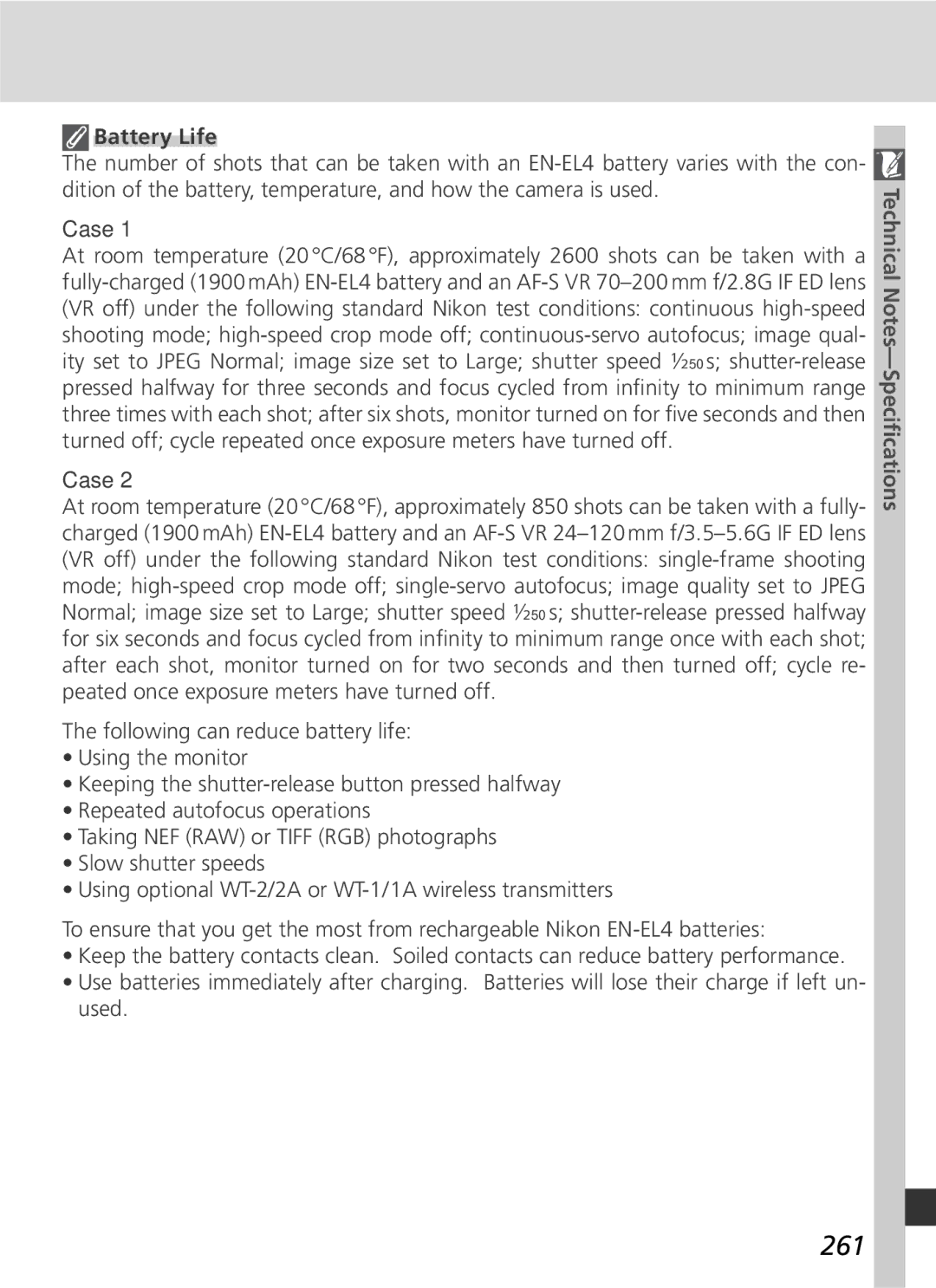 Nikon 25215 manual 261, Battery Life 