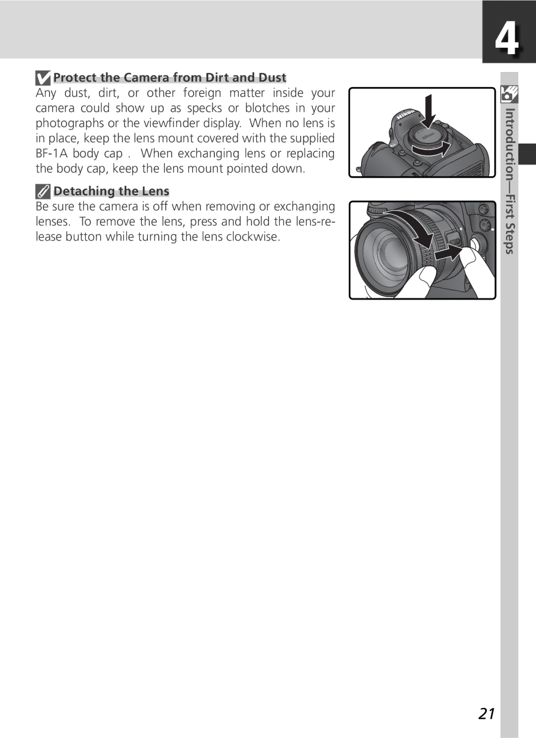 Nikon 25215 manual Protect the Camera from Dirt and Dust, Detaching the Lens 