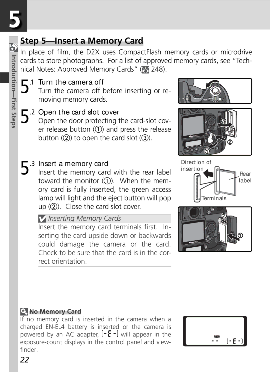 Nikon 25215 manual Insert a Memory Card, Insert a memory card, No Memory Card 