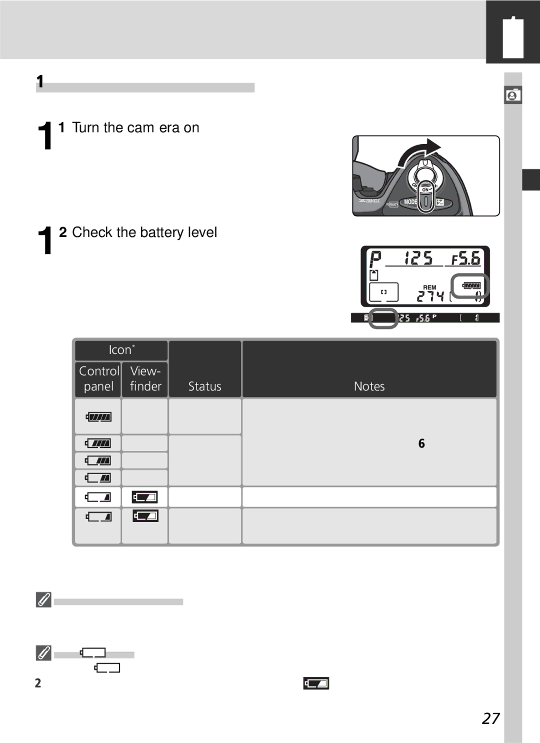 Nikon 25215 manual Ready the Camera, Icon Control View, Charged Battery Partially Discharged, Battery Indicator 