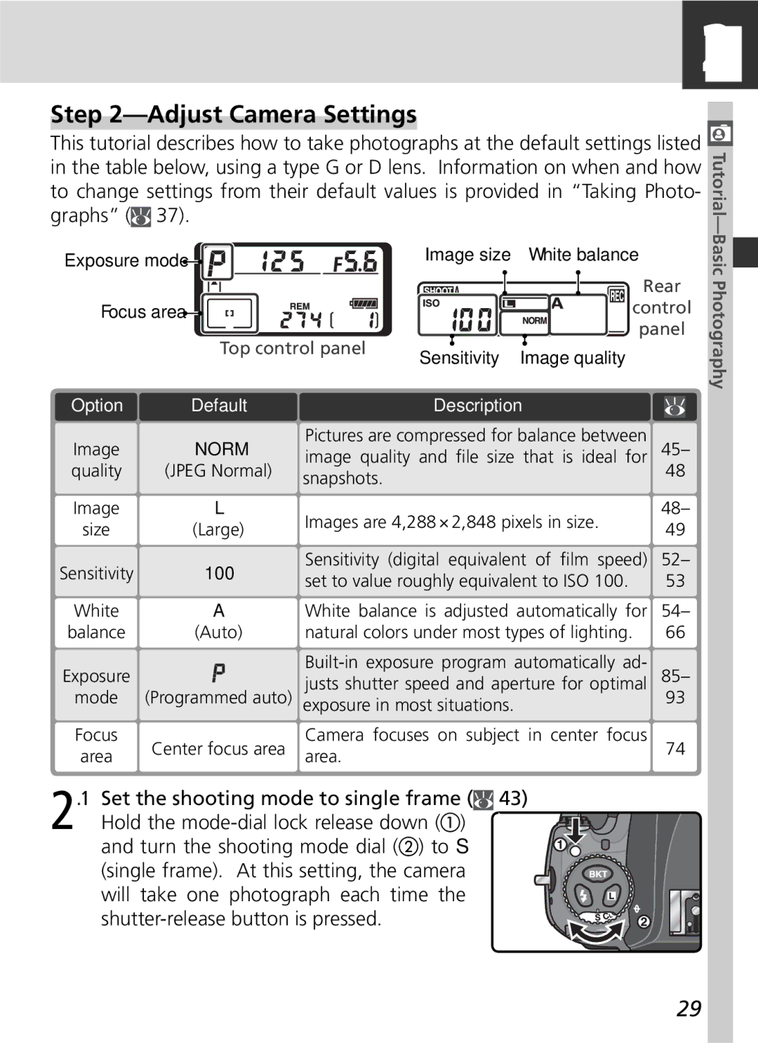 Nikon 25215 manual Adjust Camera Settings, Control, Top control panel Panel, Option Default 