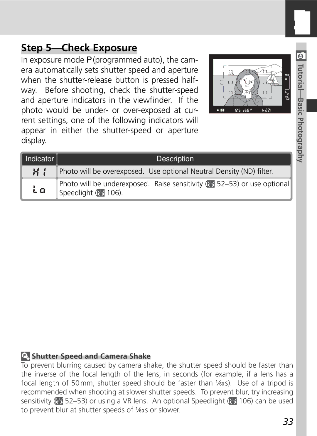 Nikon 25215 manual Check Exposure, Indicator, Shutter Speed and Camera Shake 