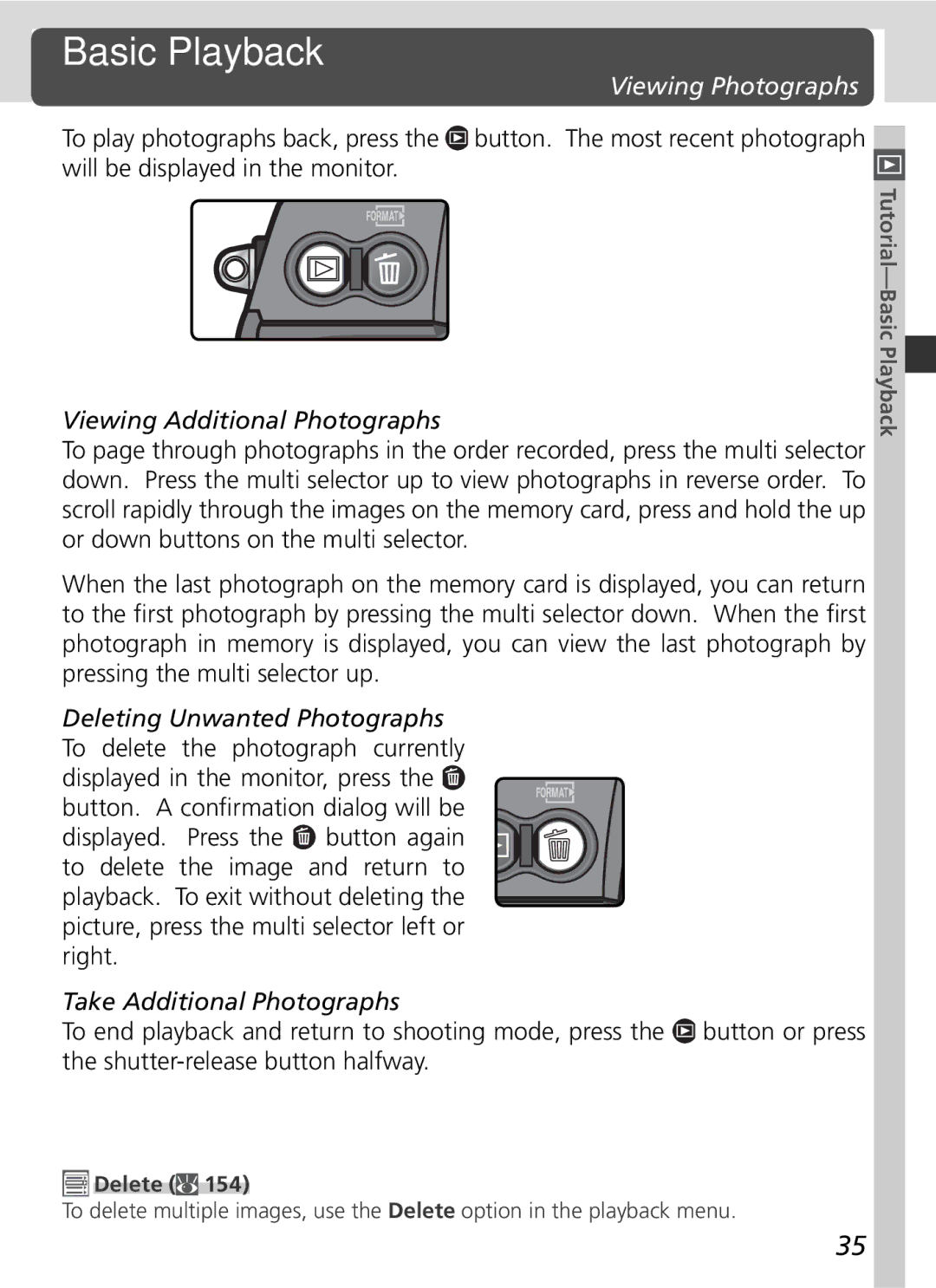 Nikon 25215 manual Basic Playback, Viewing Photographs, Viewing Additional Photographs, Delete 