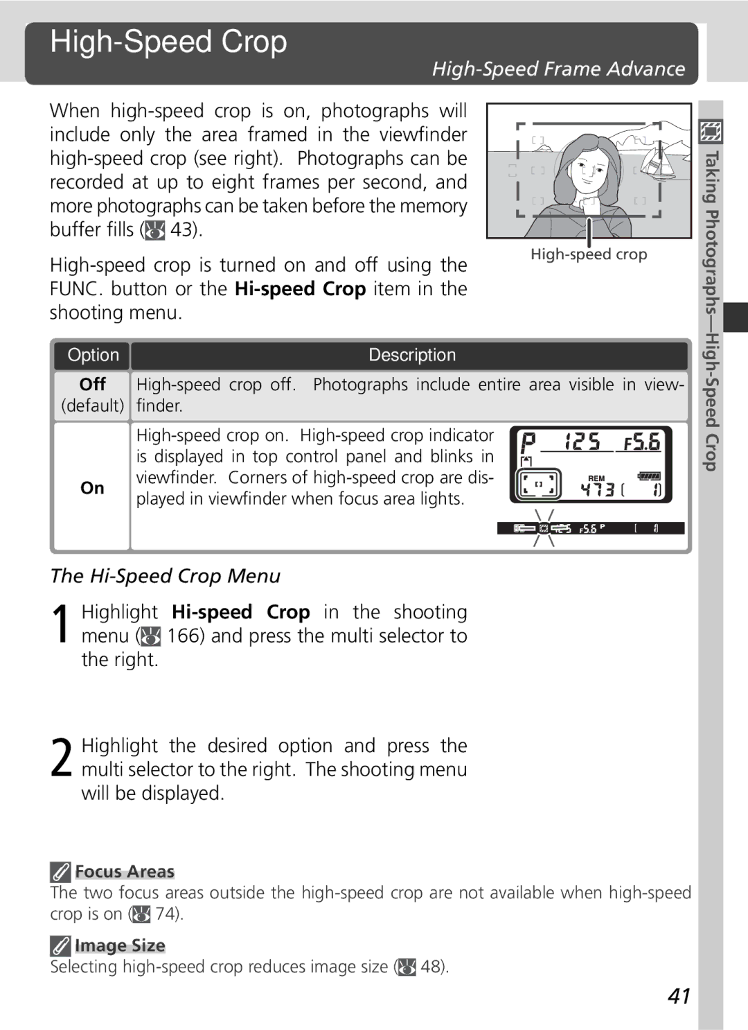 Nikon 25215 manual High-Speed Crop, High-Speed Frame Advance, Hi-Speed Crop Menu, Option 