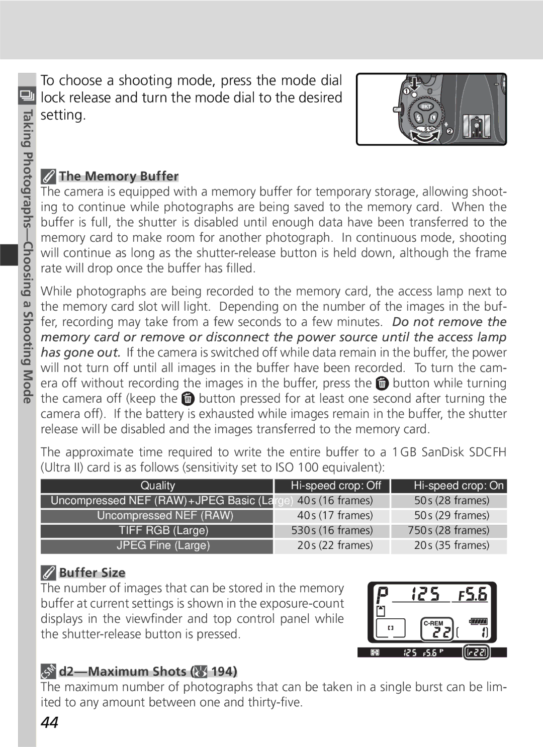 Nikon 25215 manual Memory Buffer, Buffer Size, D2-Maximum Shots 