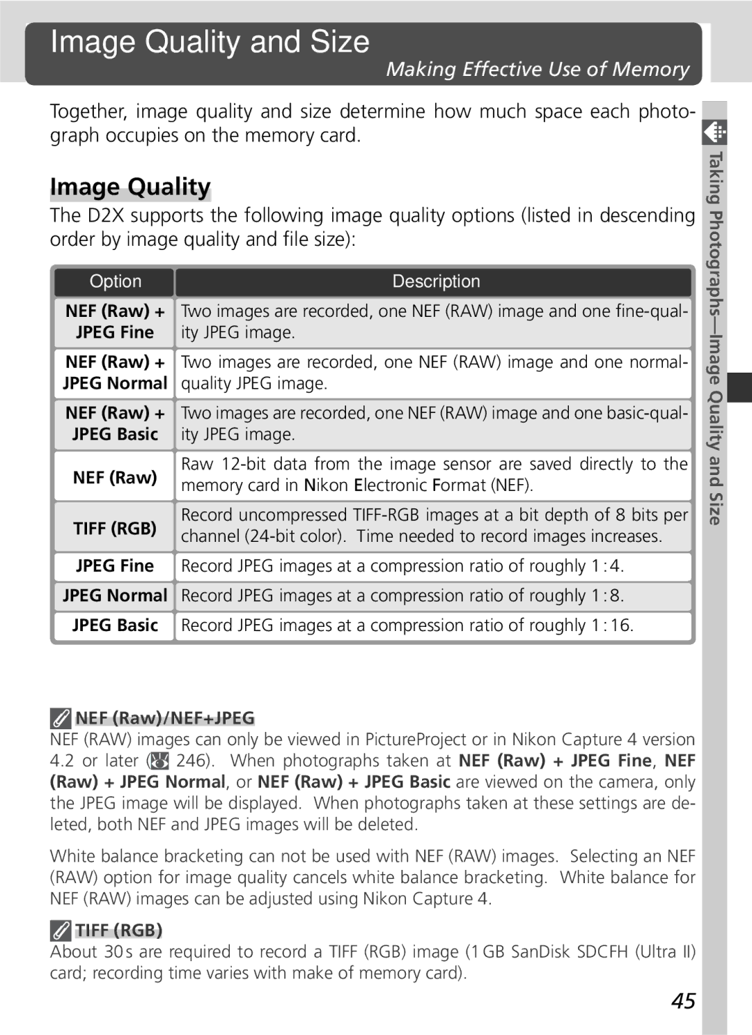 Nikon 25215 manual Image Quality and Size, Making Effective Use of Memory, Description, NEF Raw/NEF+JPEG 