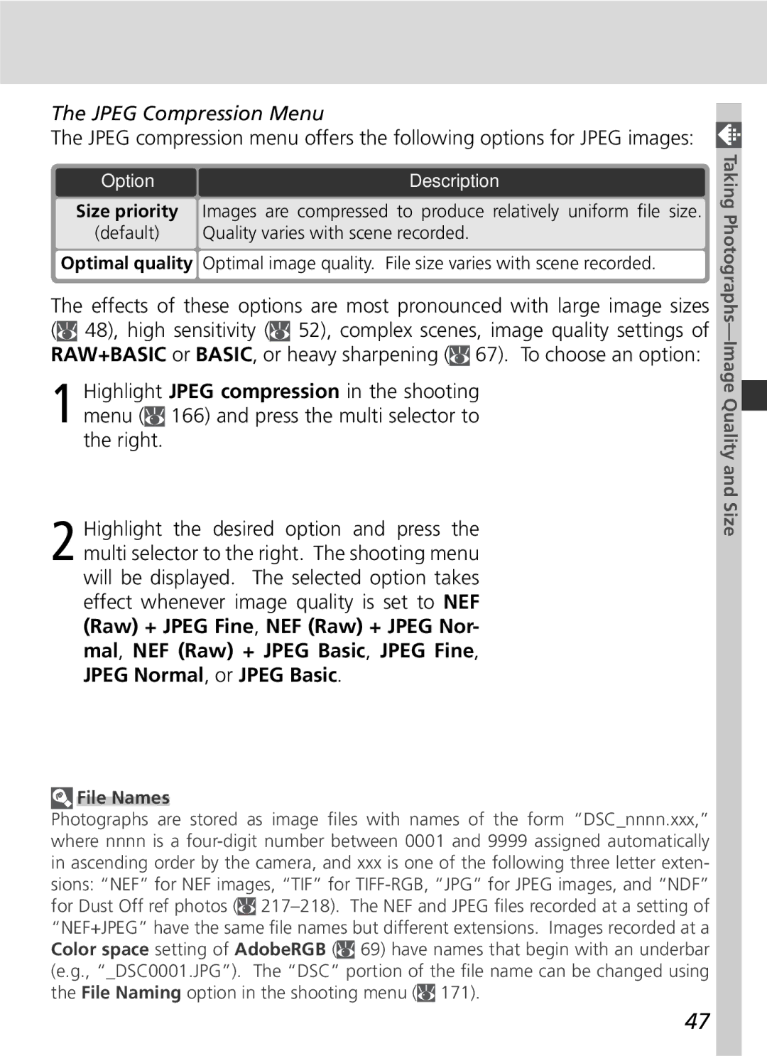 Nikon 25215 manual Jpeg Compression Menu, Quality varies with scene recorded, File Names 