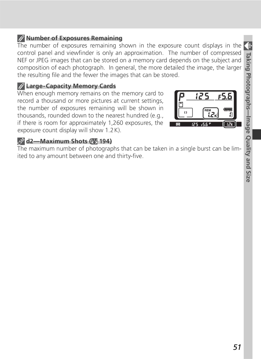 Nikon 25215 manual Number of Exposures Remaining, Large-Capacity Memory Cards 