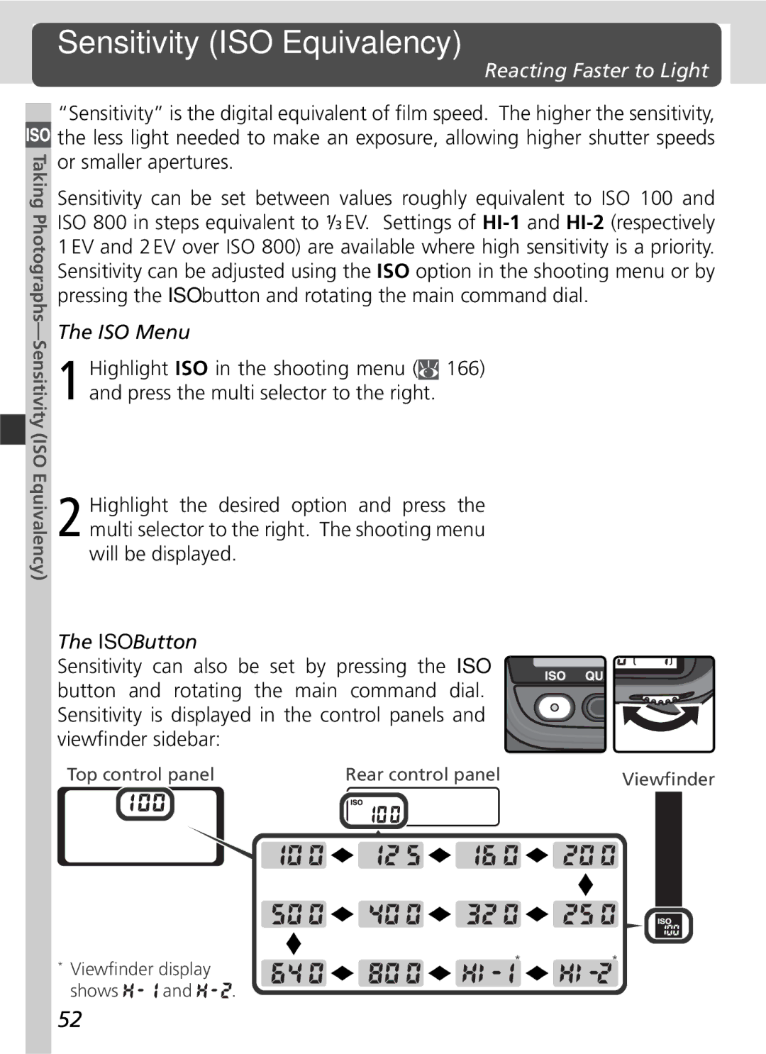 Nikon 25215 manual Sensitivity ISO Equivalency, Reacting Faster to Light, ISO Menu, ISO Button 