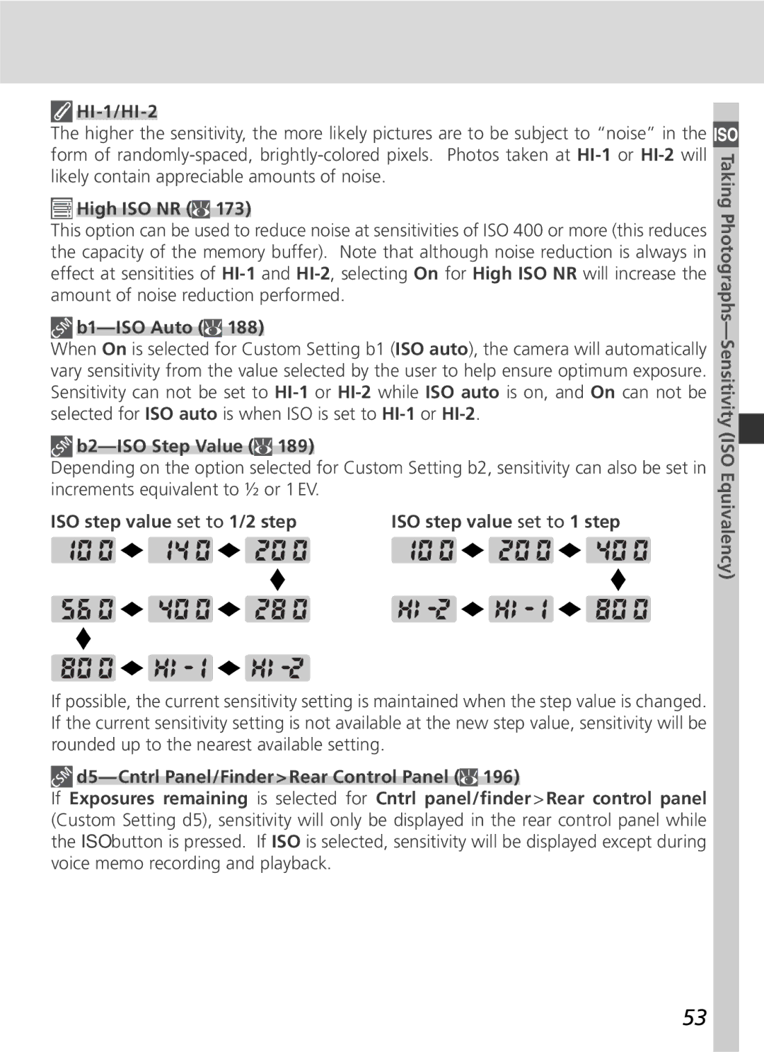 Nikon 25215 manual HI-1/HI-2, High ISO NR, B1-ISO Auto, B2-ISO Step Value, ISO step value set to 1/2 step 