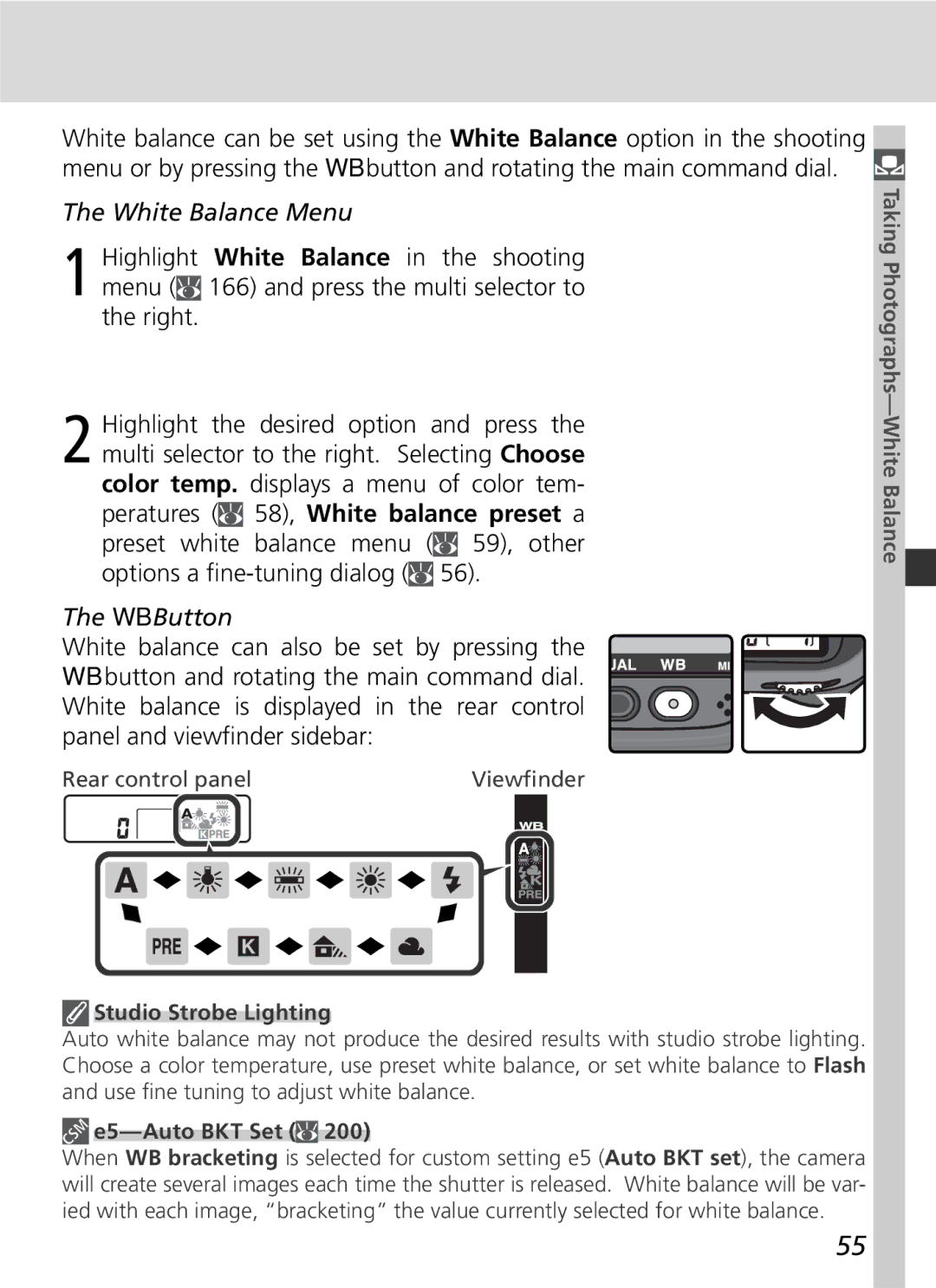 Nikon 25215 manual White Balance Menu, WB Button, Studio Strobe Lighting, E5-Auto BKT Set 