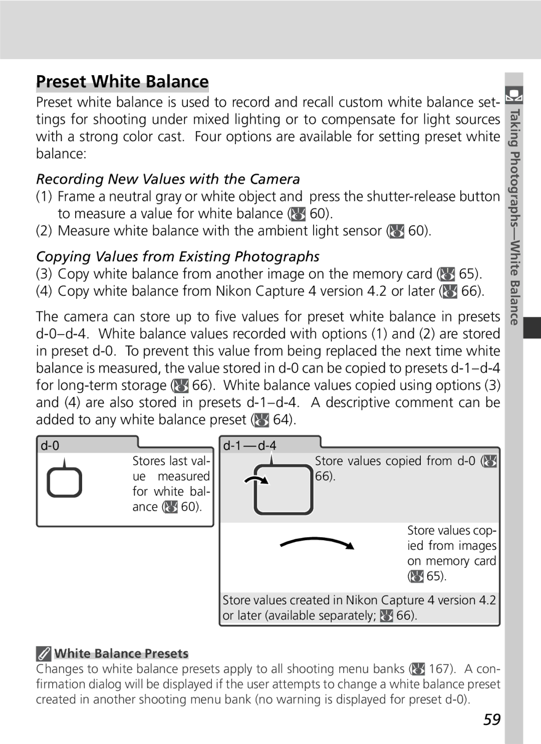 Nikon 25215 manual Preset White Balance, Recording New Values with the Camera, Copying Values from Existing Photographs 