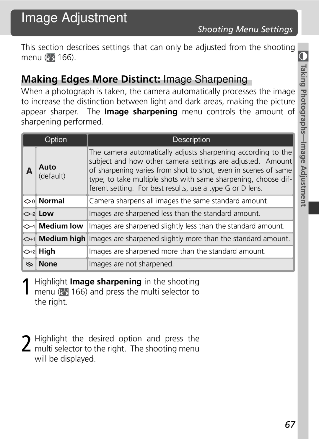 Nikon 25215 Image Adjustment, Making Edges More Distinct Image Sharpening, Shooting Menu Settings, Option Description 