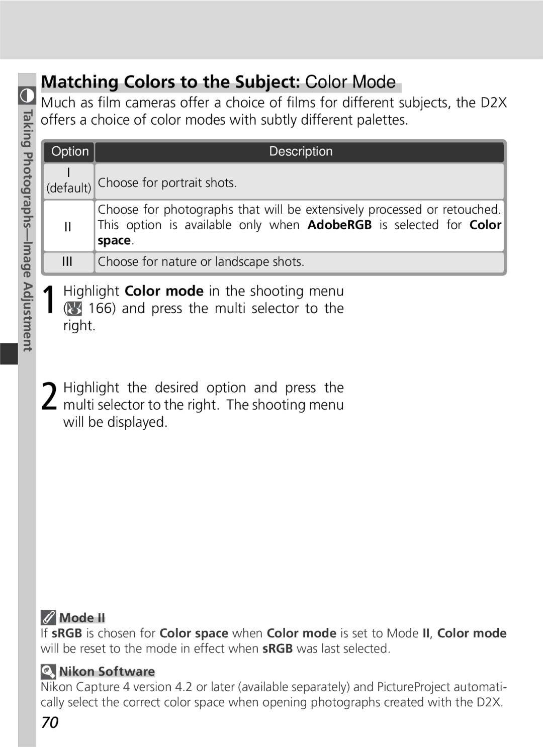 Nikon 25215 manual Matching Colors to the Subject Color Mode, Nikon Software 