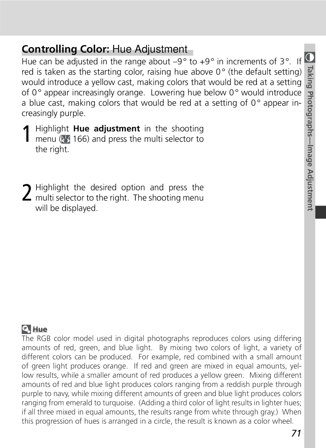 Nikon 25215 manual Controlling Color Hue Adjustment 