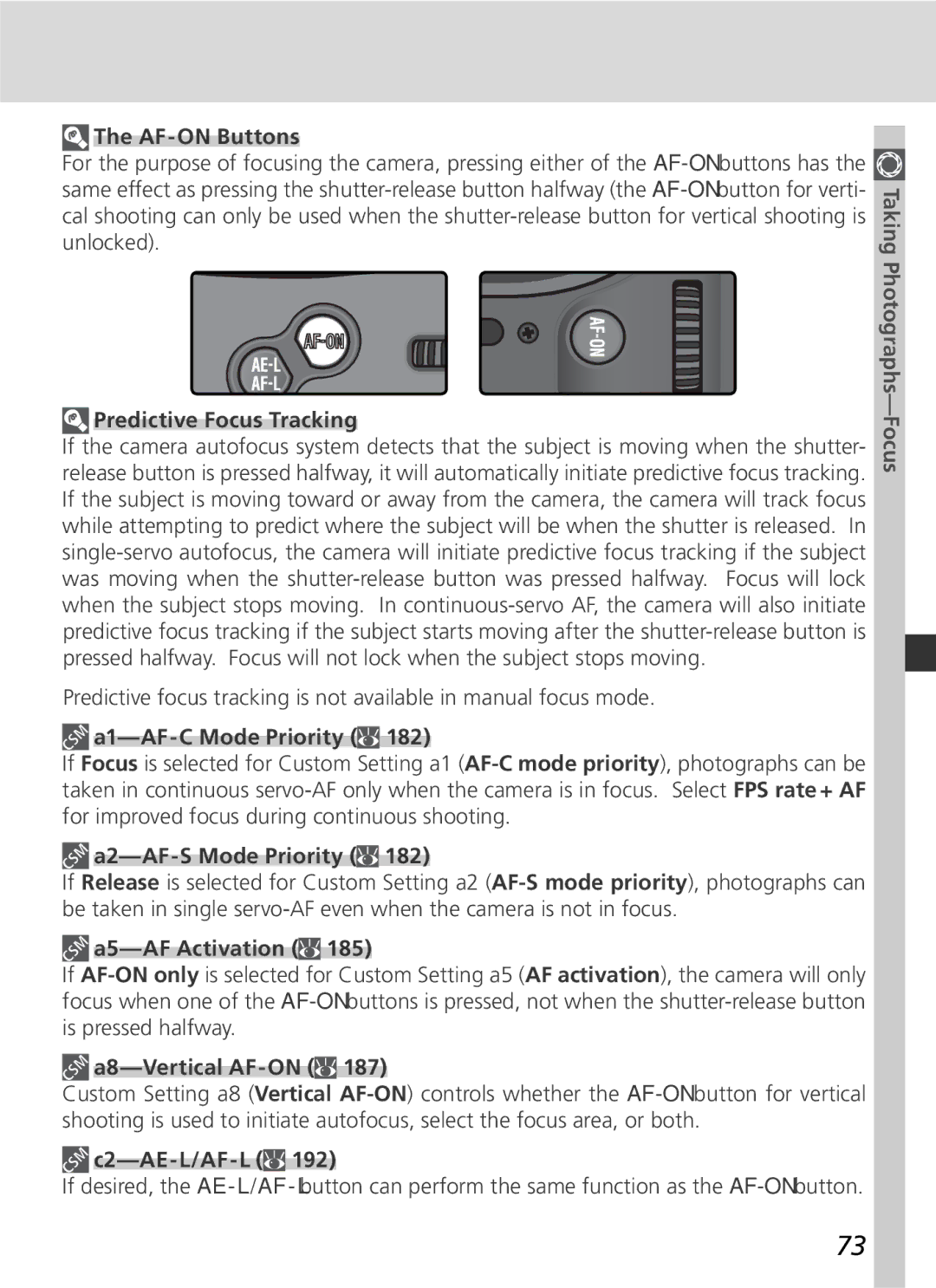 Nikon 25215 manual AF-ON Buttons, Predictive Focus Tracking, A1-AF-C Mode Priority, A2-AF-S Mode Priority, A5-AF Activation 