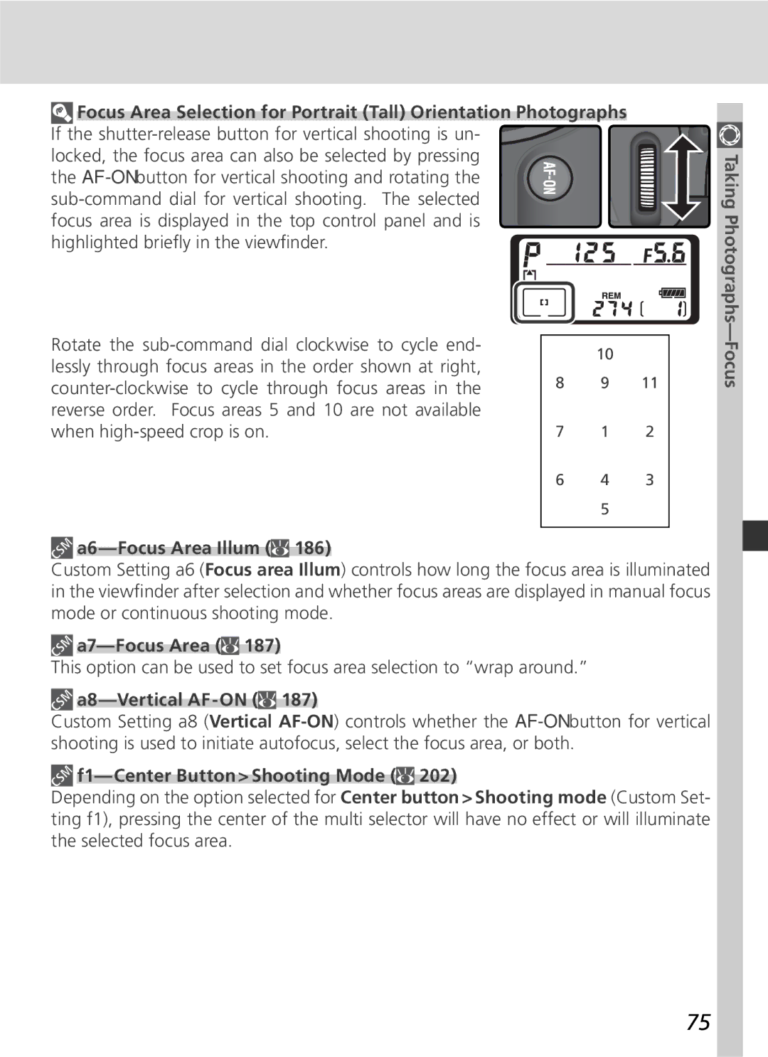 Nikon 25215 manual A6-Focus Area Illum, A7-Focus Area, F1-Center Button Shooting Mode 