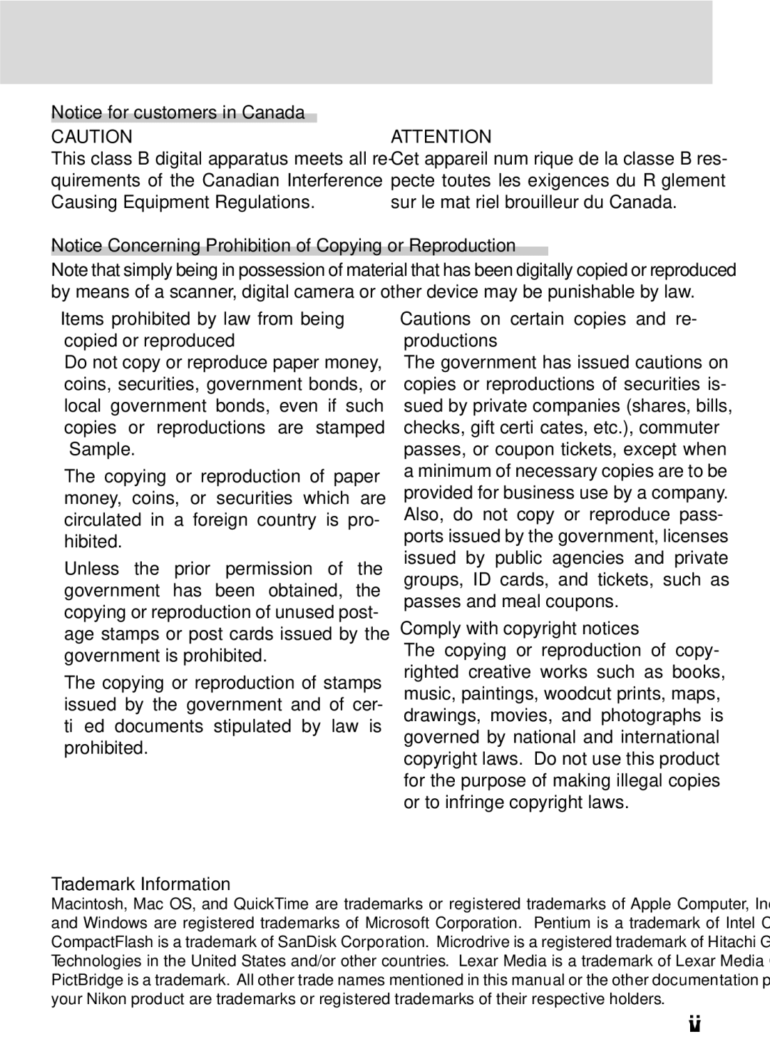 Nikon 25215 manual Vii, Comply with copyright notices, Trademark Information 