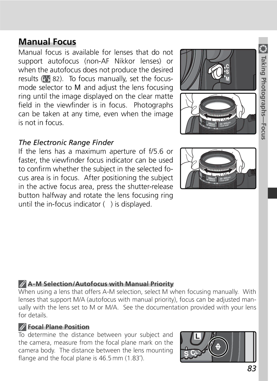 Nikon 25215 manual Manual Focus, Electronic Range Finder, Selection/Autofocus with Manual Priority, Focal Plane Position 