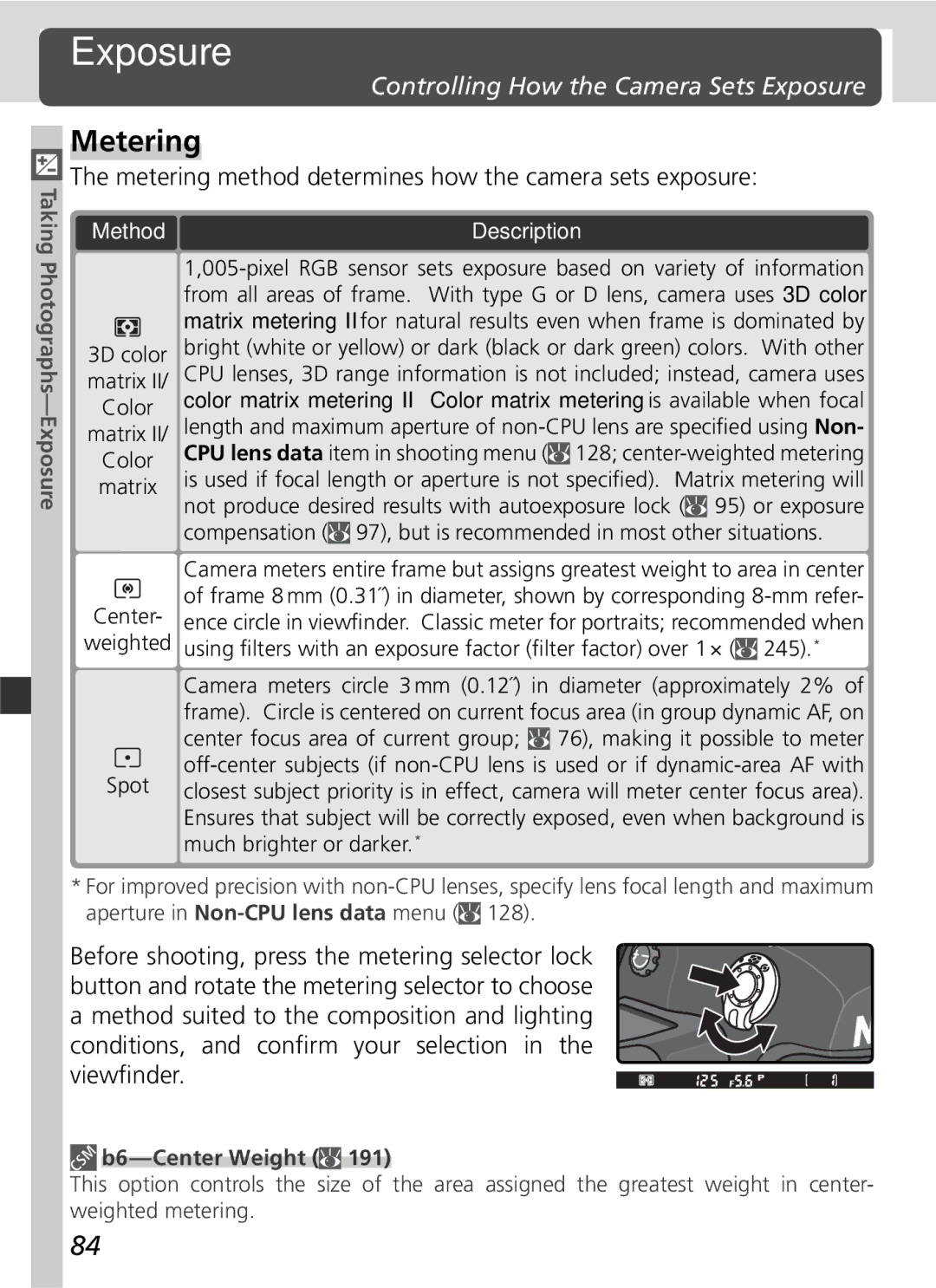 Nikon 25215 manual Metering, Controlling How the Camera Sets Exposure, B6-Center Weight 