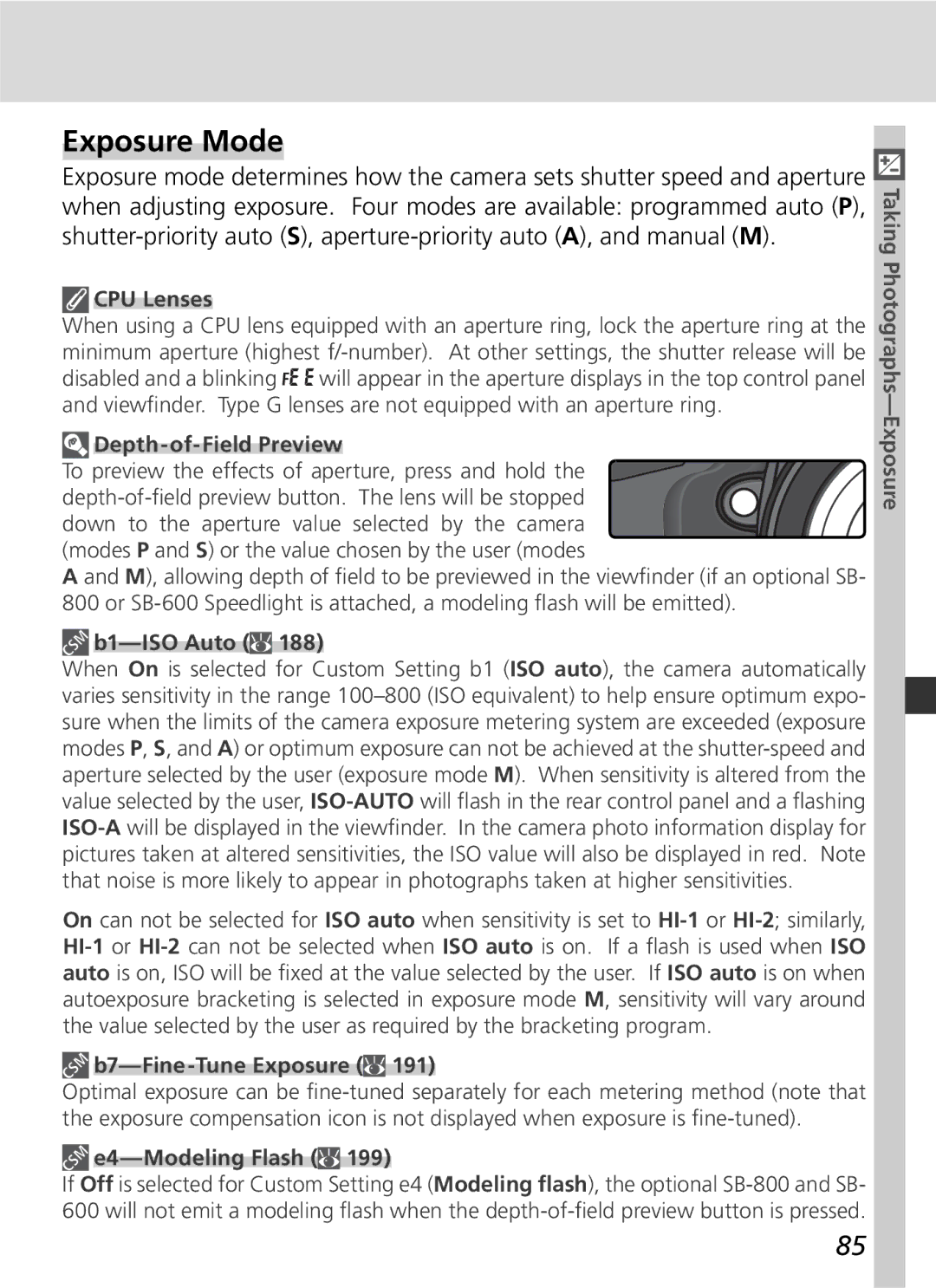 Nikon 25215 manual Exposure Mode, CPU Lenses, Depth-of-Field Preview, B7-Fine-Tune Exposure, E4-Modeling Flash 