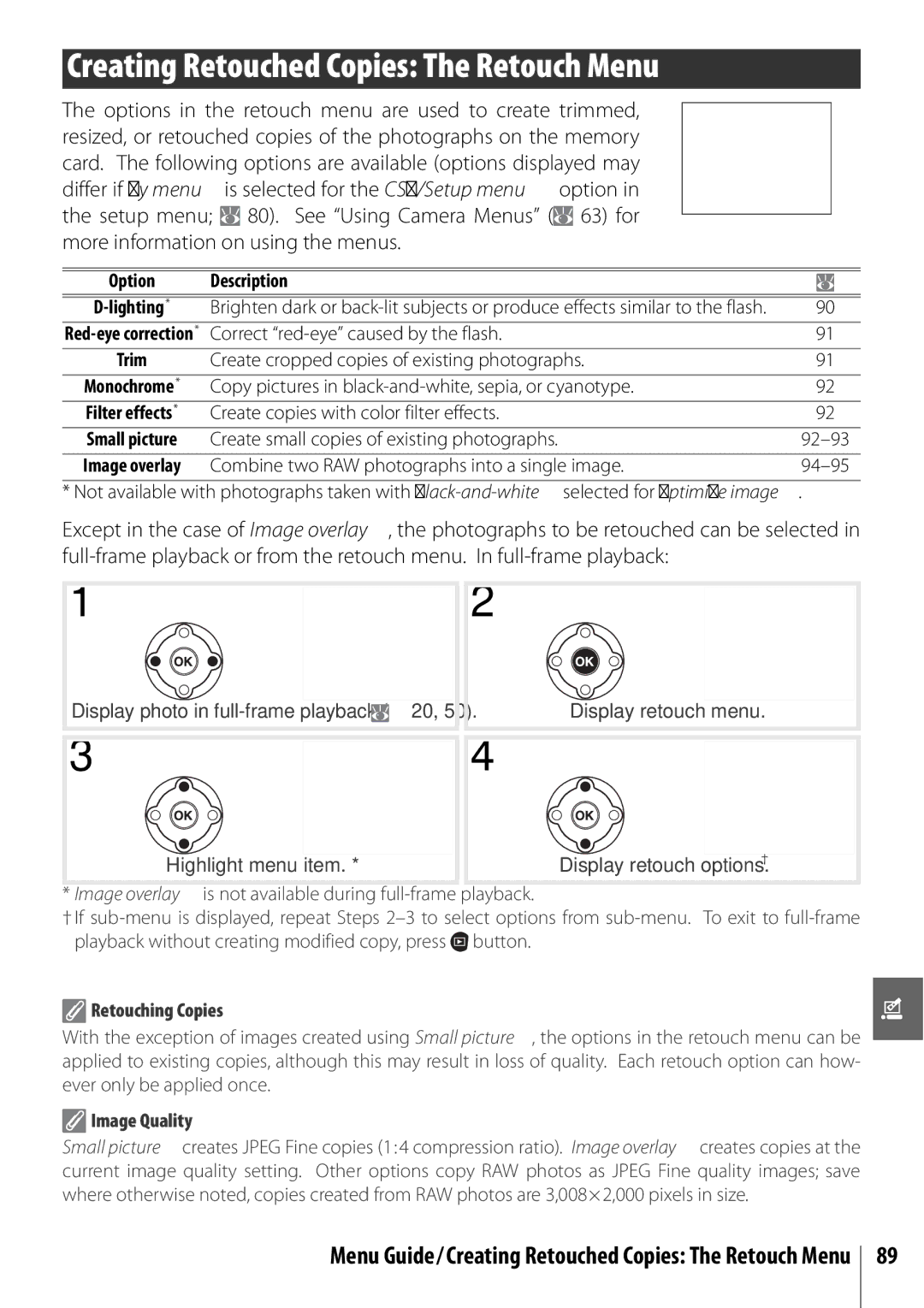 Nikon 25420 manual Creating Retouched Copies The Retouch Menu, Description Lighting, Retouching Copies, Image Quality 