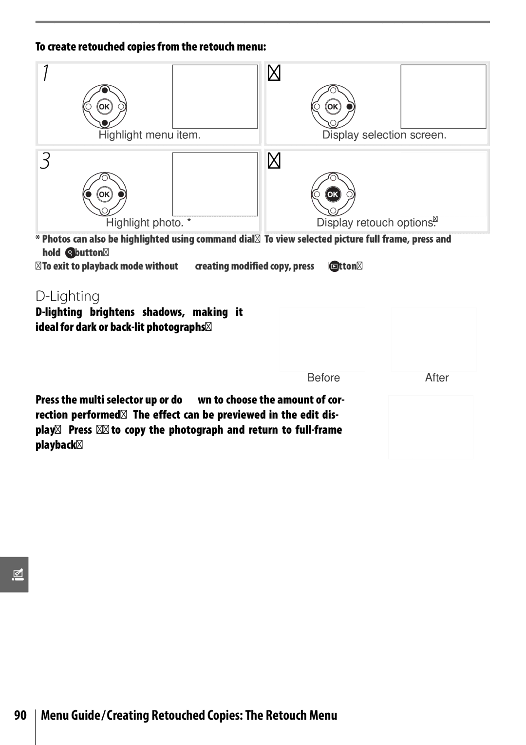 Nikon 25420 manual Lighting, Menu Guide/Creating Retouched Copies The Retouch Menu 