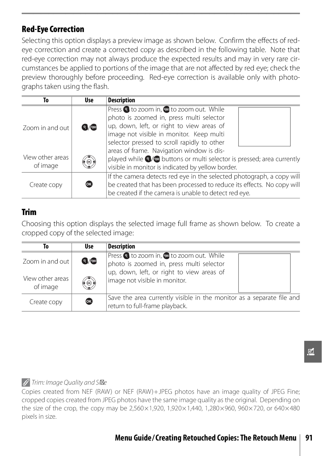 Nikon 25420 manual Red-Eye Correction, Trim Image Quality and Size 