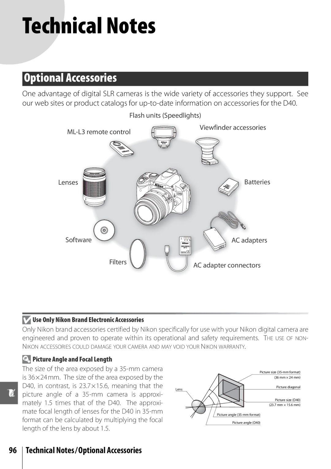 Nikon 25420 manual Technical Notes/Optional Accessories, Use Only Nikon Brand Electronic Accessories 