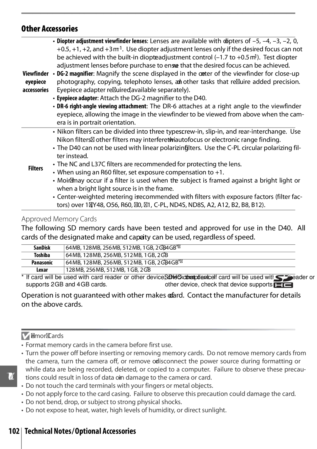 Nikon 25420 manual Other Accessories, Approved Memory Cards, Filters 