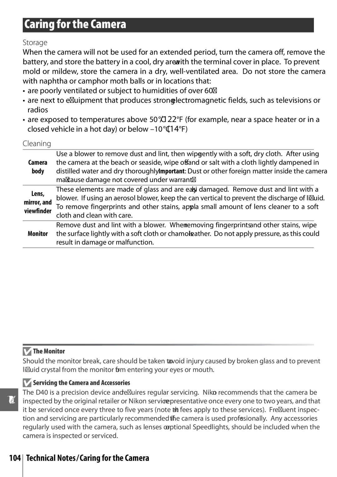 Nikon 25420 manual Technical Notes/Caring for the Camera, Storage, Cleaning 