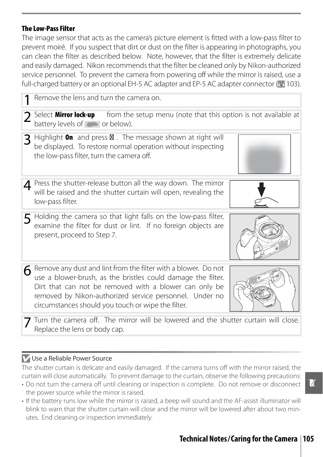 Nikon 25420 manual Low-Pass Filter, Low-pass filter, Present, proceed to Step, Use a Reliable Power Source 