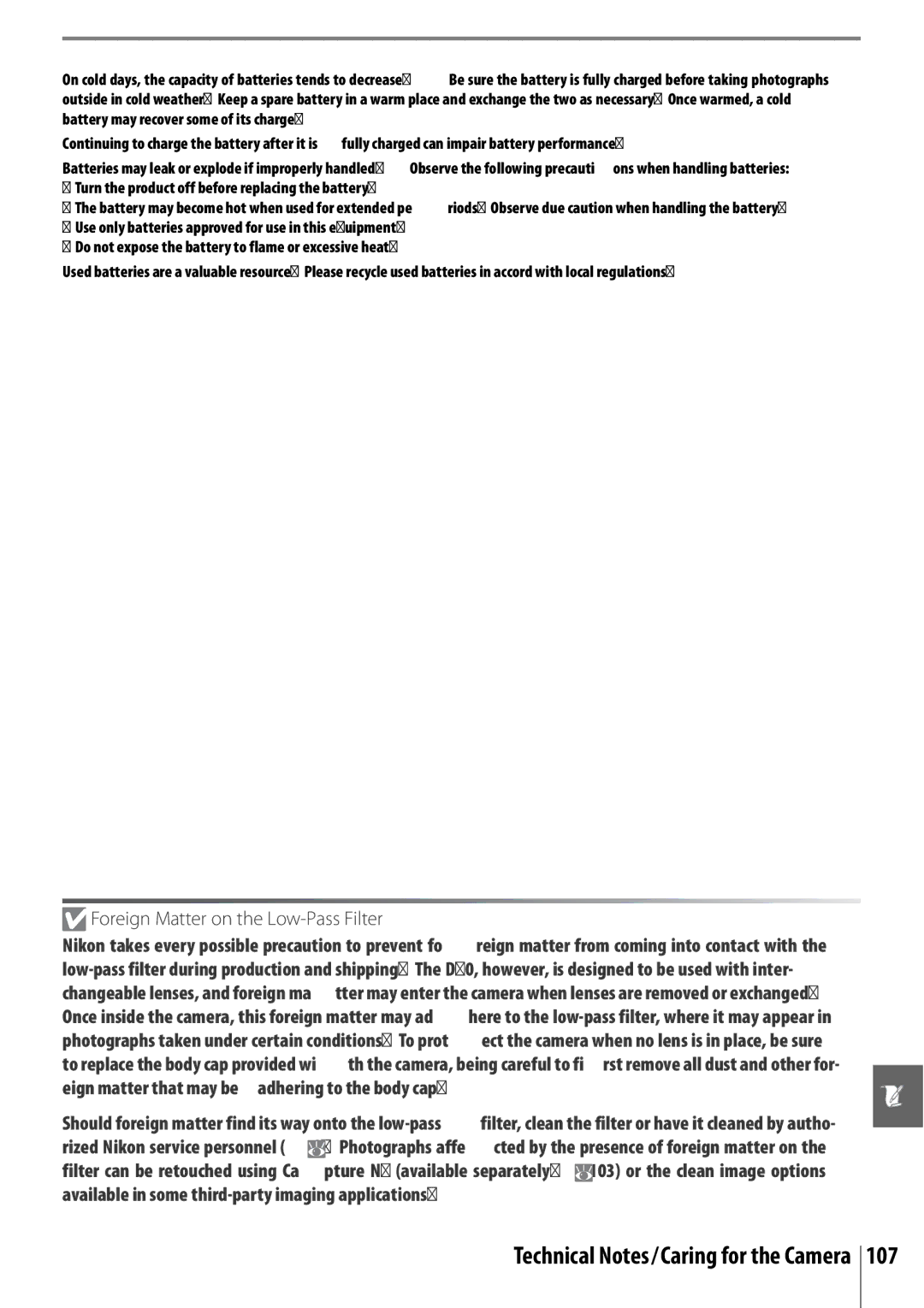 Nikon 25420 manual Foreign Matter on the Low-Pass Filter, Turn the product off before replacing the battery 