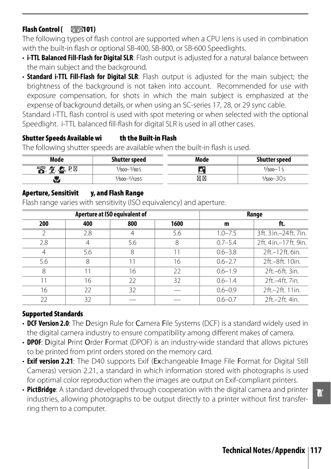 Nikon 25420 manual Flash Control, Shutter Speeds Available with the Built-in Flash, Aperture, Sensitivity, and Flash Range 